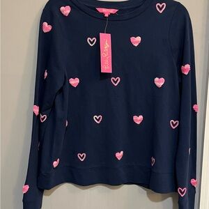 Lilly Pulitzer Rami has Navy Blue Heart Sweatshirt NWT Size Medium Valentine